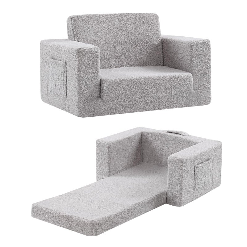 Givjoy Toddler Chair Sherpa Kids Couch 2in1 Toddler Soft Sofa Toddler Lounger Chair for Bedroom Convertible Sofa for Girls and Boys Kids Reading Couch Grey