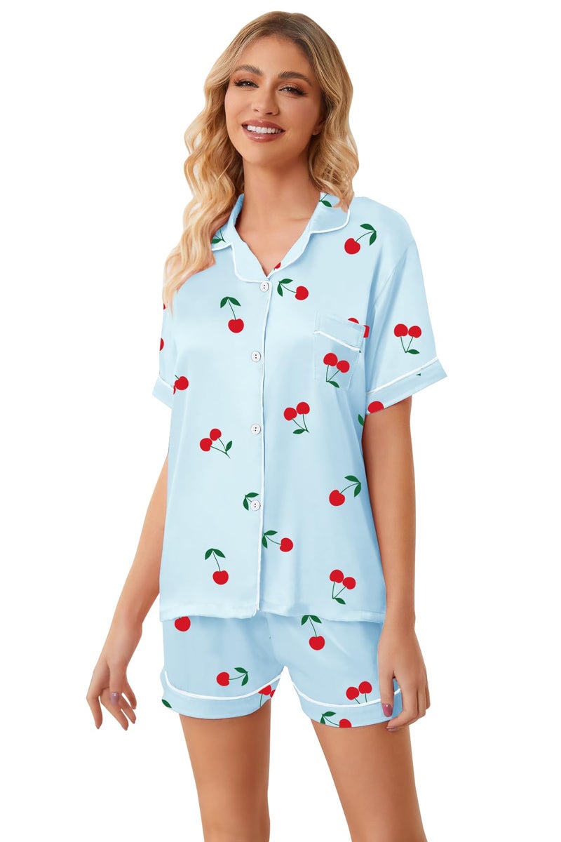 Umeyda Girls Pajamas Set, Satin Silky PJS Sleepwear 2 Pieces Short Sleeve Button-Down Soft Comfy Homewear for Cute Kids, Blue Cherry, 7-8 Years = Tag 140 - Image 5
