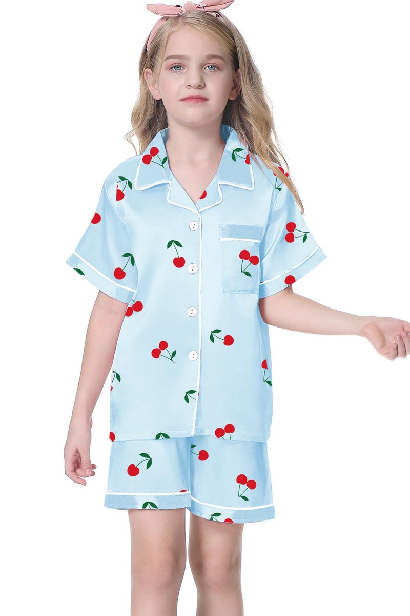 Umeyda Girls Pajamas Set, Satin Silky PJS Sleepwear 2 Pieces Short Sleeve Button-Down Soft Comfy Homewear for Cute Kids, Blue Cherry, 7-8 Years = Tag 140 - Image 3