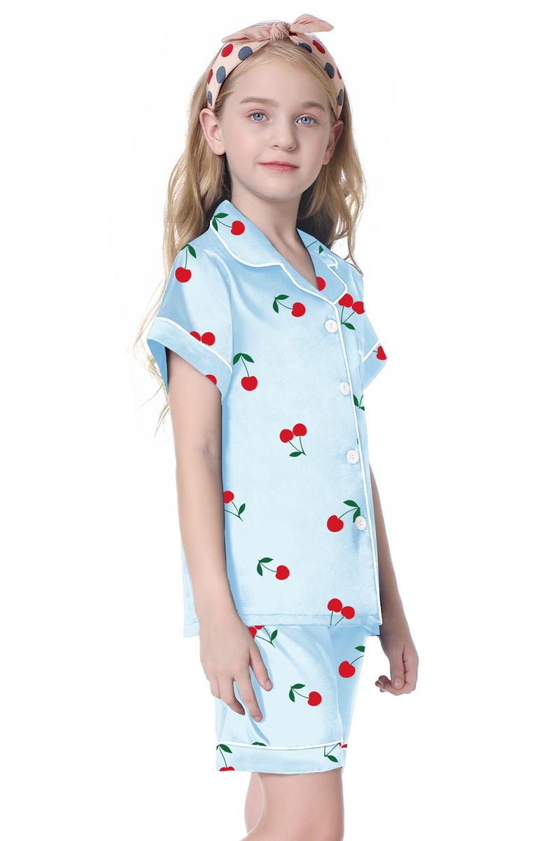 Umeyda Girls Pajamas Set, Satin Silky PJS Sleepwear 2 Pieces Short Sleeve Button-Down Soft Comfy Homewear for Cute Kids, Blue Cherry, 7-8 Years = Tag 140 - Image 4