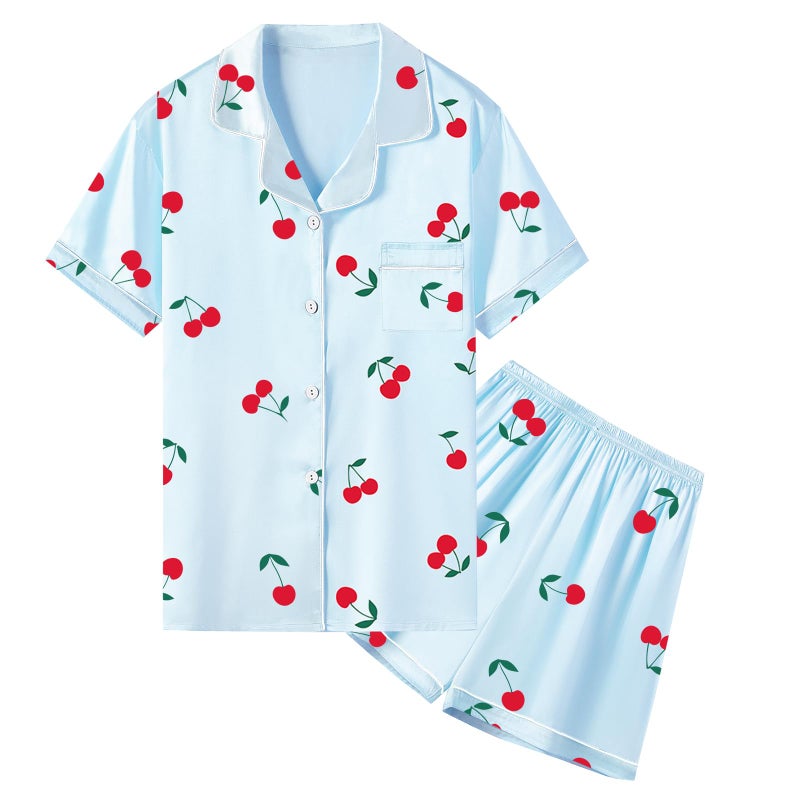 Umeyda Girls Pajamas Set, Satin Silky PJS Sleepwear 2 Pieces Short Sleeve Button-Down Soft Comfy Homewear for Cute Kids, Blue Cherry, 7-8 Years = Tag 140 - Image 1