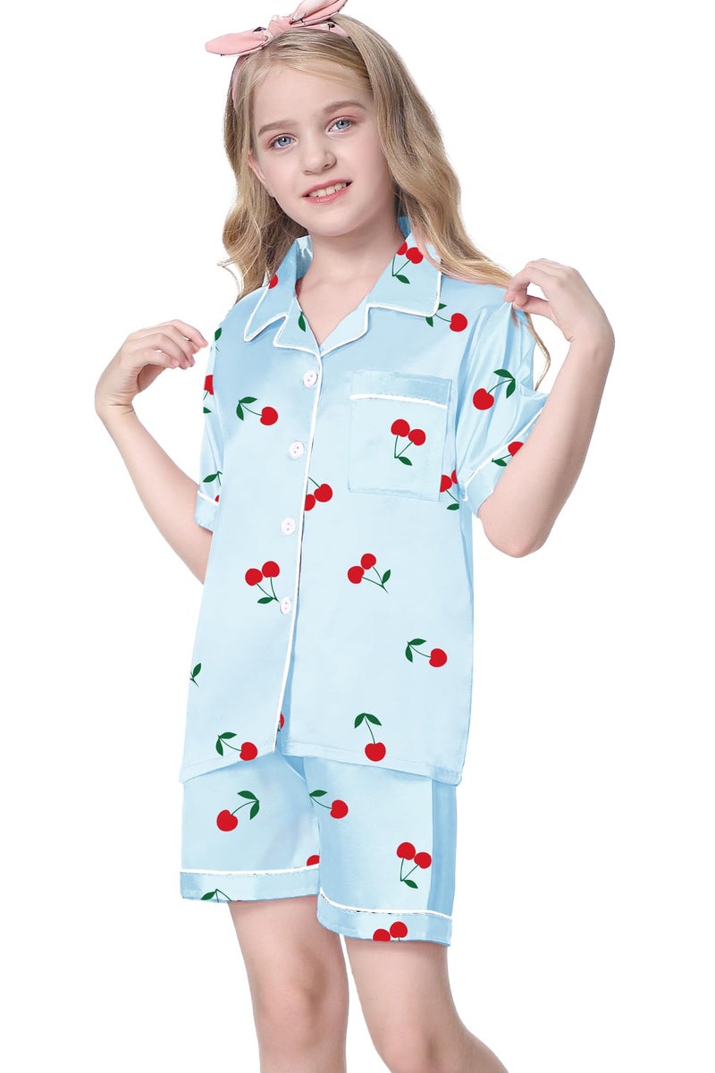 Umeyda Girls Pajamas Set, Satin Silky PJS Sleepwear 2 Pieces Short Sleeve Button-Down Soft Comfy Homewear for Cute Kids, Blue Cherry, 7-8 Years = Tag 140 - Image 2