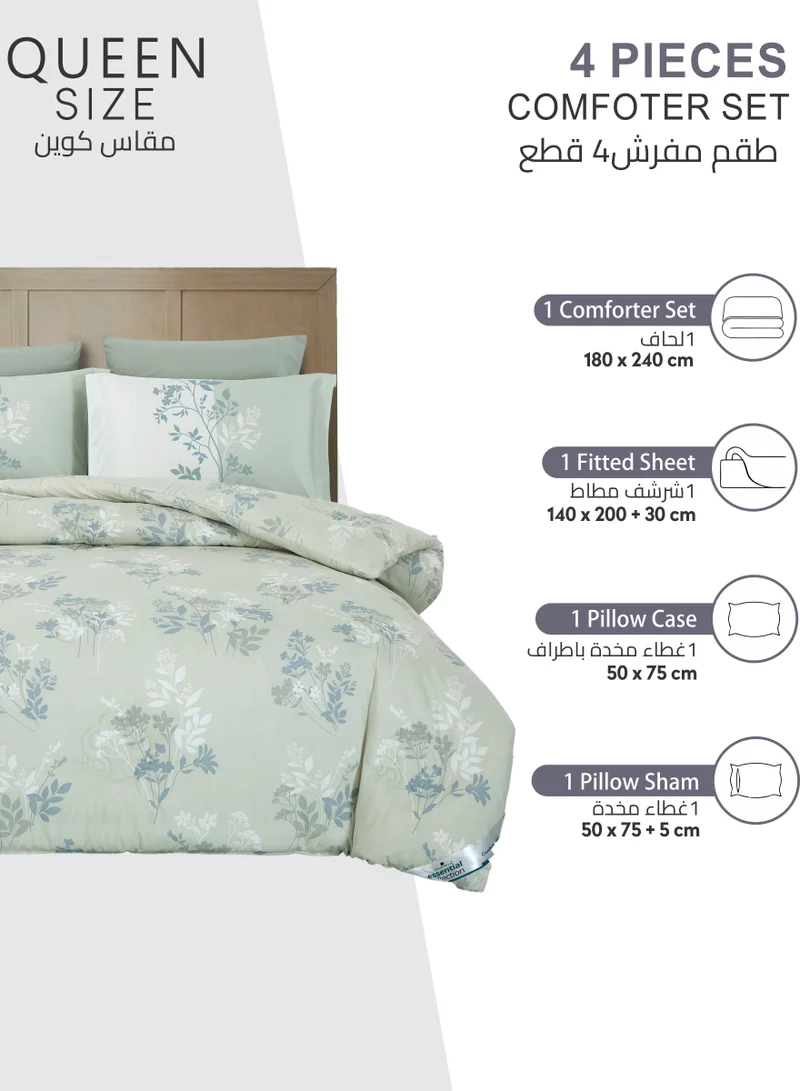 Donetella Printed Comforter Set 4-Pcs Queen Size All Season Bed Fits(140 X 200 Cm)Bedding Set With Removable Filler And Down Alternative Filling, Sea Mist