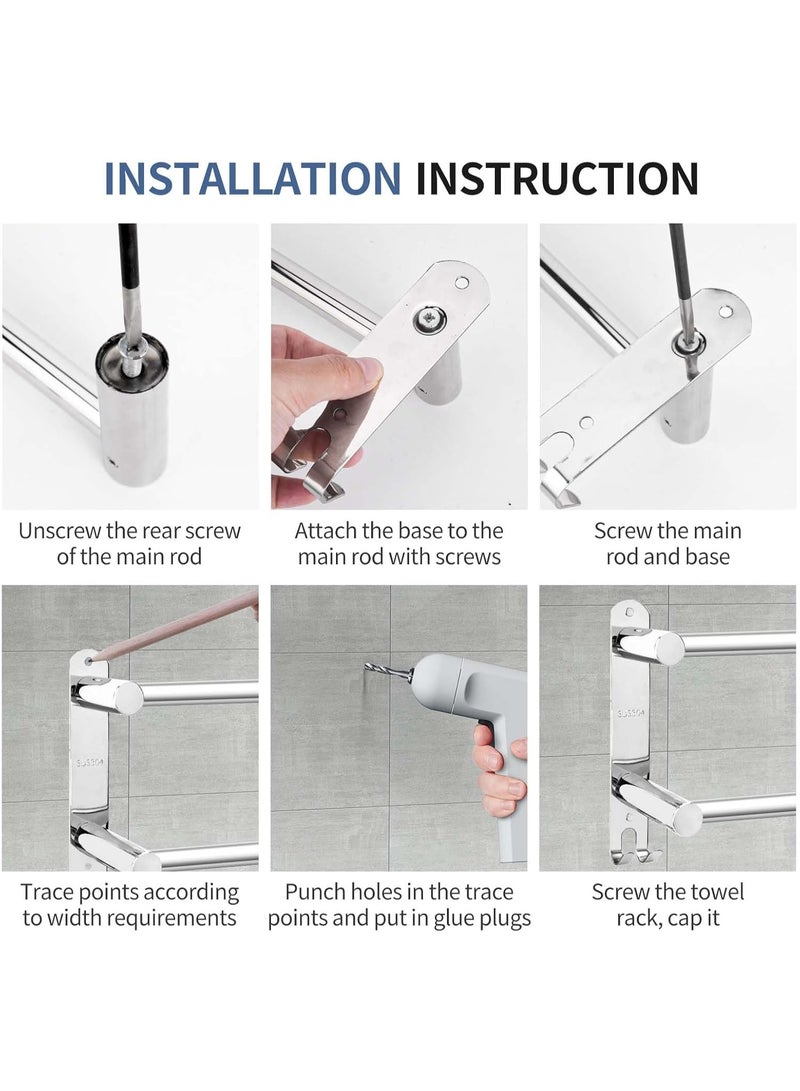 YQbest Towel Rail Self Adhesive 2-Tier Double Towel Holder rack Multi Towel Bar with 2 Hooks SUS304 Stainless Steel Robe & Bath Towel Rails 60CM/23.6inch for Bathroom Organizer Storage - Image 5