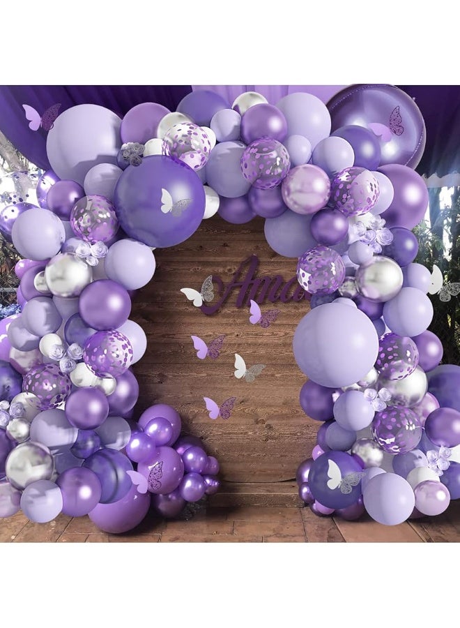 Amandir 145Pcs Purple Balloons Garland Arch Kit for Butterfly Baby Shower Decorations for Girl, 12Pcs Butterfly Stickers Lavender Purple Confetti Metallic Balloon for Birthday Wedding Party Decoration - Image 3