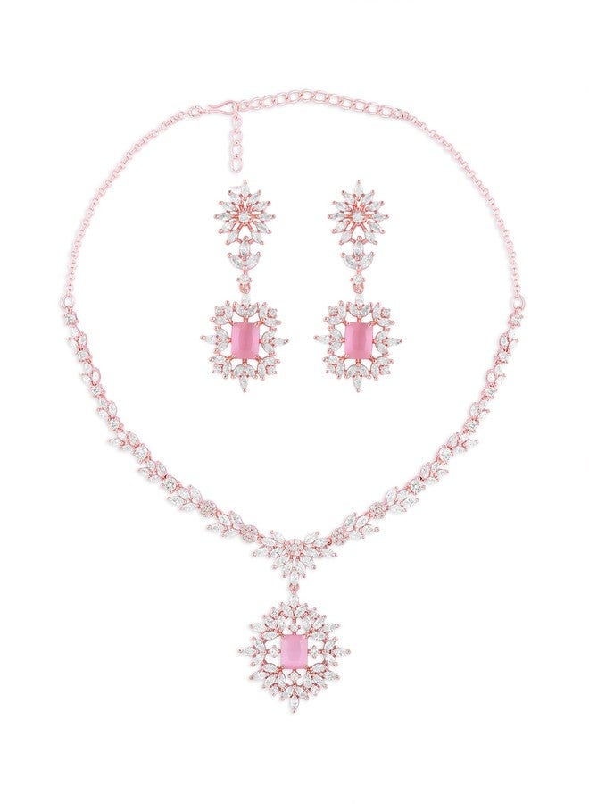 Ami Pink Cubic Zirconia Designer Brass Contemporary Necklace and Earring Set For Women-ZPFK19739 - Image 1