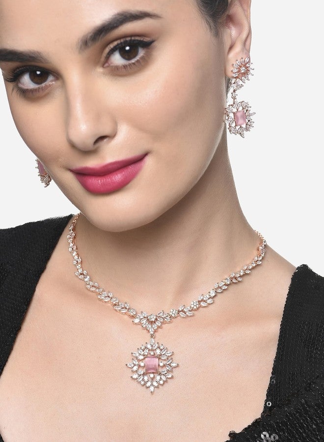 Ami Pink Cubic Zirconia Designer Brass Contemporary Necklace and Earring Set For Women-ZPFK19739 - Image 3