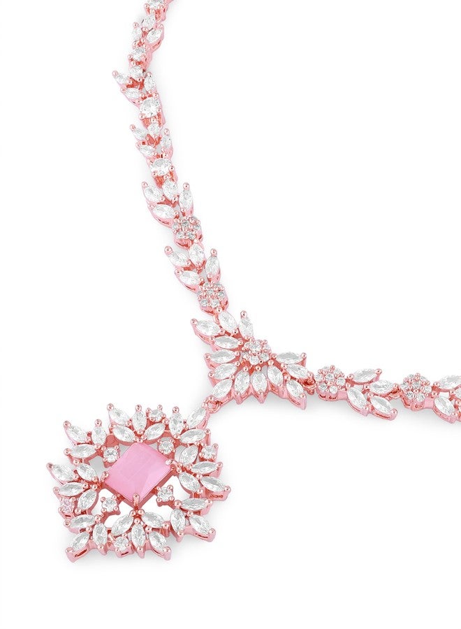 Ami Pink Cubic Zirconia Designer Brass Contemporary Necklace and Earring Set For Women-ZPFK19739 - Image 4