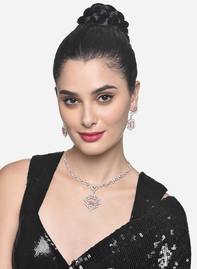 Ami Pink Cubic Zirconia Designer Brass Contemporary Necklace and Earring Set For Women-ZPFK19739 - Image 5