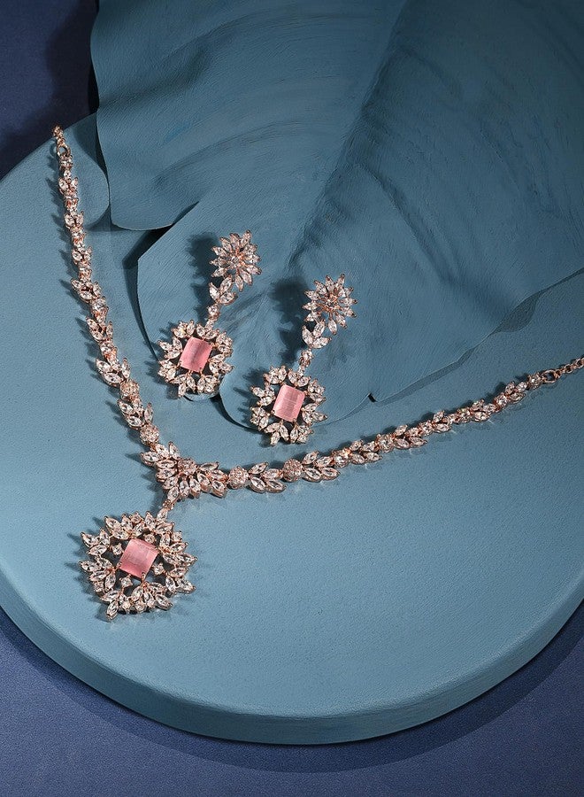Ami Pink Cubic Zirconia Designer Brass Contemporary Necklace and Earring Set For Women-ZPFK19739 - Image 2