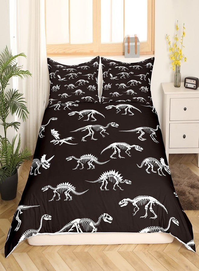 Homewish غطاء لحاف على شكل هيكل عظمي لديناصور، طقم فراش على شكل عظام ديناصورات، غطاء لحاف للحيوانات القديمة، ديكور غرفة الأطفال، غطاء مفرش سرير باللونين الأبيض والأسود، مقاس توأم مع كيس وسادة واحد (بدون لحاف) - Image 2