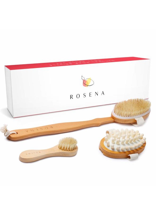 rosena Dry Brushing Body Brush Set – Natural Bristle Spa Exfoliator Kit with Face Cleansing Brush, Long Dry Brushing Body Brush for Lymphatic Drainage & Massaging Cellulite Brush for Smooth, Radiant Skin  - Image 1