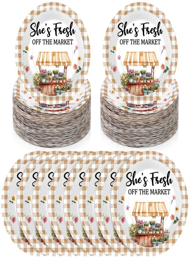 LemonRoad 100 Pcs She's Fresh off the Market Plates 9'' Wedding Disposable Paper Plates Bulk Fresh off the Market Bridal Shower Decor Beige Gingham Engagement Bachelorette Singles' Party Supplies - Image 1