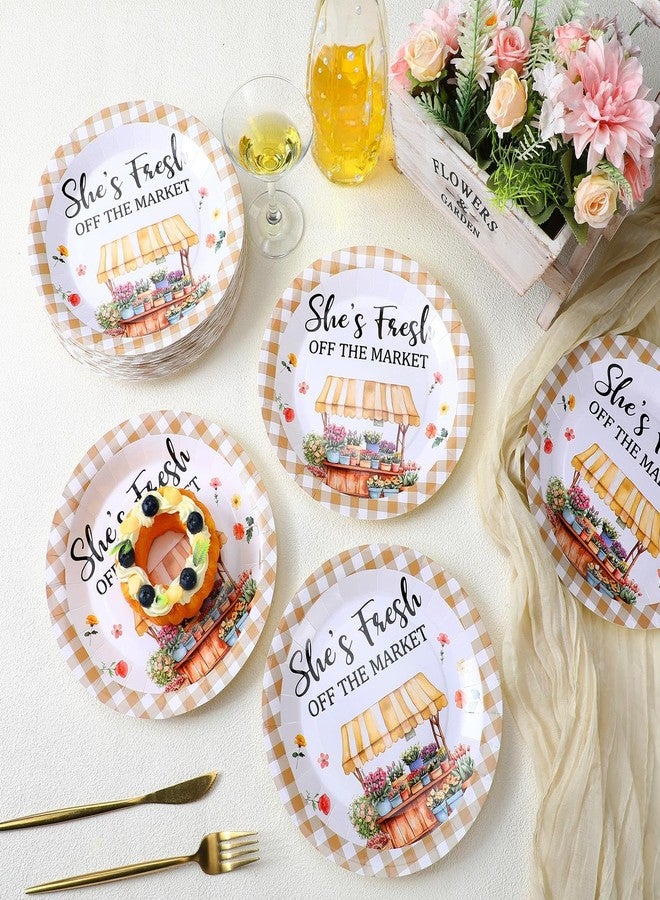 LemonRoad 100 Pcs She's Fresh off the Market Plates 9'' Wedding Disposable Paper Plates Bulk Fresh off the Market Bridal Shower Decor Beige Gingham Engagement Bachelorette Singles' Party Supplies - Image 3