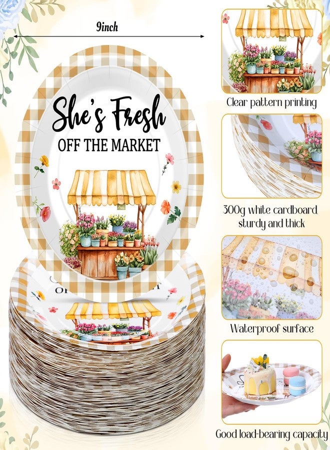 LemonRoad 100 Pcs She's Fresh off the Market Plates 9'' Wedding Disposable Paper Plates Bulk Fresh off the Market Bridal Shower Decor Beige Gingham Engagement Bachelorette Singles' Party Supplies - Image 4
