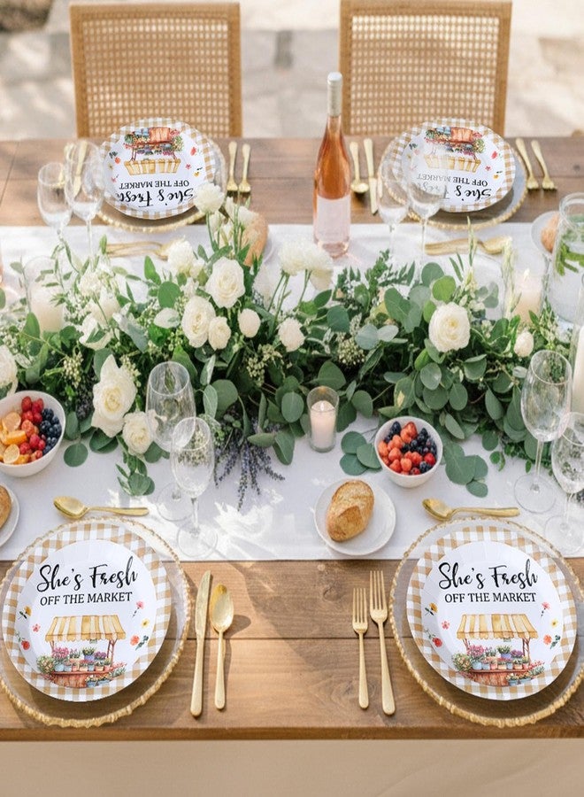 LemonRoad 100 Pcs She's Fresh off the Market Plates 9'' Wedding Disposable Paper Plates Bulk Fresh off the Market Bridal Shower Decor Beige Gingham Engagement Bachelorette Singles' Party Supplies - Image 5