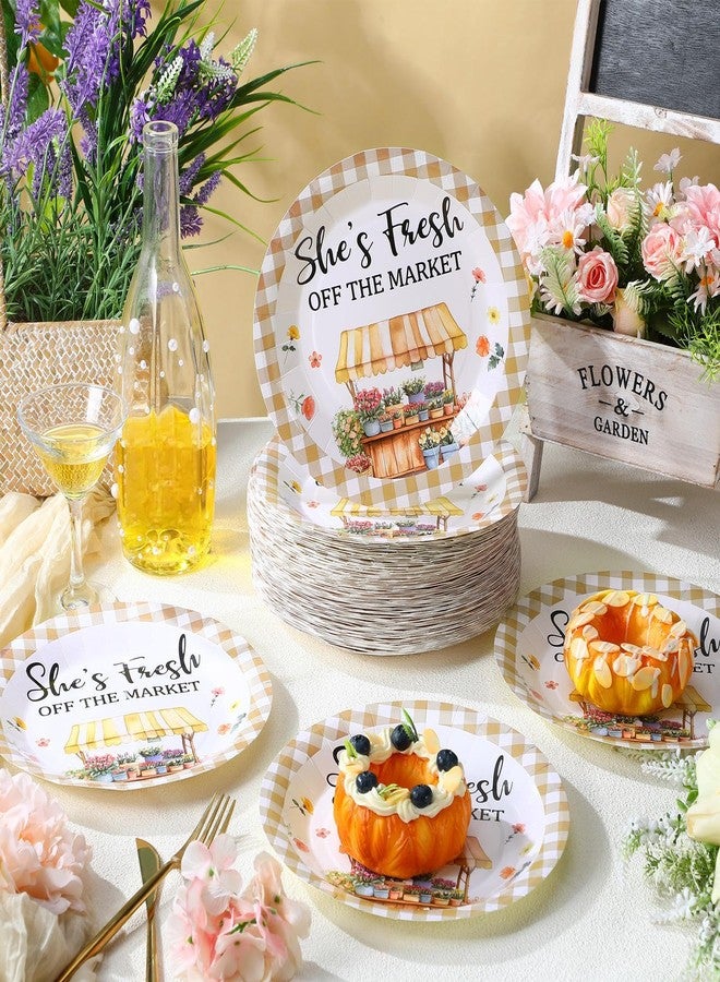 LemonRoad 100 Pcs She's Fresh off the Market Plates 9'' Wedding Disposable Paper Plates Bulk Fresh off the Market Bridal Shower Decor Beige Gingham Engagement Bachelorette Singles' Party Supplies - Image 2