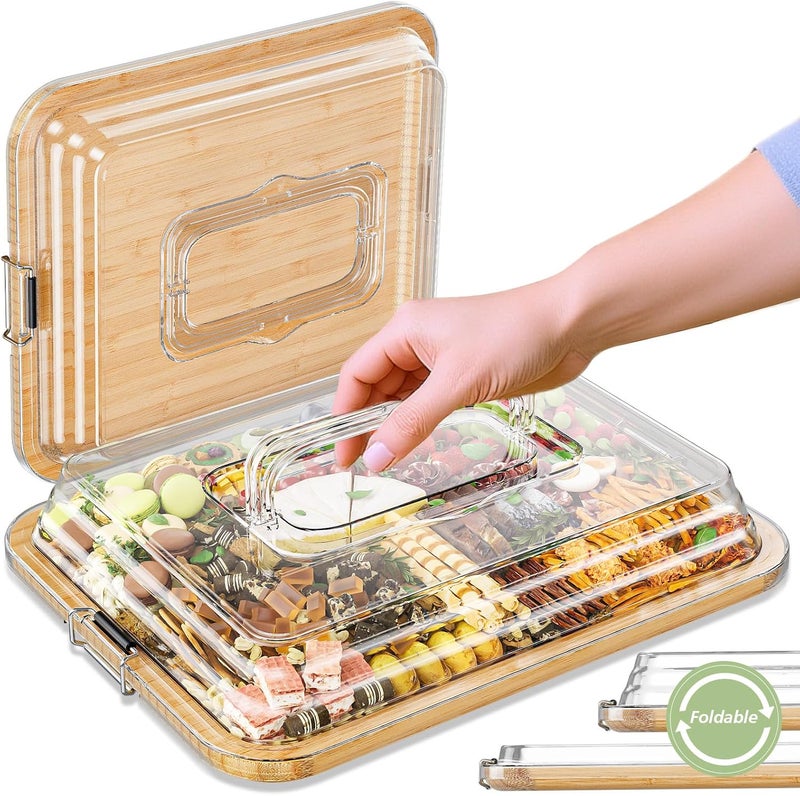 MAYELM Charcuterie Boards with Foldable Lid, Portable Bamboo Cheese Board with Single Compartments, Clear Locking Lid and Handle, Easy to Store, Suitable for Picnics, Camping, Parties - Image 1