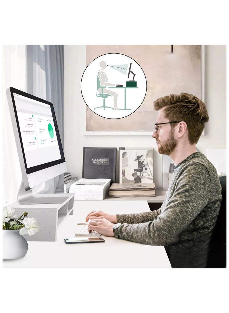 2-Tier Desktop Screen Riser with Storage Design Cellphone Mount Tabletop Organizer for Home and Office White(Partition)