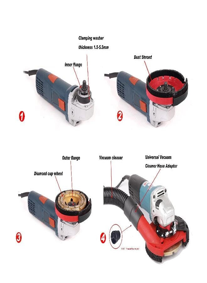 Generic Box Contains the following: 1x Dust Shroud，6PCS clamping washer thickness 1.5-5.5mm,1x clamping flange, 1x shroud wrench,1x Universal Vacuum Cleaner Hose Adapter,1xUser’s guide. Using this attachment provides improved productivity when efficient dust collection system is used and helps reduce user exposure to harmful silica dust  - Image 3