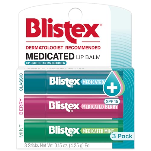 Blistex Medicated Lip Balm, 0.15 Oz Each, Classic, Mint and Berry Flavor, Soothes and Protects, Advanced Medicated Lip Care for Dry, Chapped Lips, SPF 15 Sun Protection, 3 Count, 1 Pack - Image 1