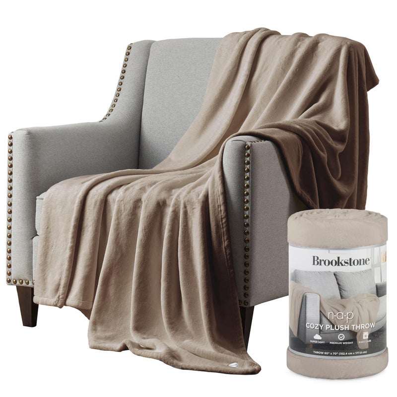 Brookstone Nap Plush Throw Blanket for Couch | Warm & Super Soft Blanket with Unmatched Heavy  Dense  and Ultra-Comfy Throw | Luxurious Drape  for Mom  Cozying Up on a Sofa Chair | Taupe - Image 1