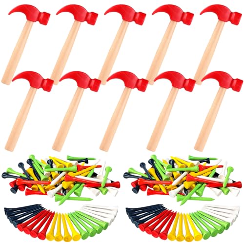 AIHSUMC 10 Pcs Kids Wooden Hammer Toy with 100 Pcs Colorful Wood Golf Tees Small Plastic Hammer Simulation Hammers Educational Toys for Children Gift Birthday Party Halloween Red - Image 1