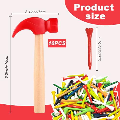 AIHSUMC 10 Pcs Kids Wooden Hammer Toy with 100 Pcs Colorful Wood Golf Tees Small Plastic Hammer Simulation Hammers Educational Toys for Children Gift Birthday Party Halloween Red - Image 5