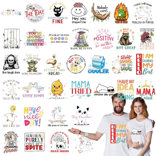 Tellingyou 36 Sheets Iron on Transfers Patches Dtf Ready to Press Vinyl Iron on Patch Embroidered Applique for T Shirt Jacket Pillow Covers Backpack Hoodies DIY Decorations (Funny Style) - Image 1