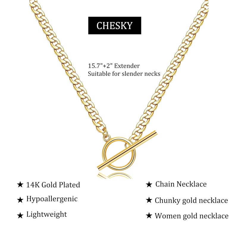CHESKY 14K Gold Plated Dainty Toggle Clasp Necklace for Women Cuban Chain Choker Necklace, Minimalist Simple Handmade Thick Chunky Toggle Necklaces Jewelry Gifts - Image 2