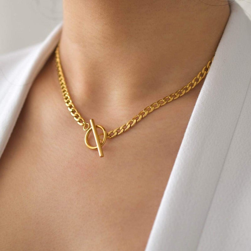 CHESKY 14K Gold Plated Dainty Toggle Clasp Necklace for Women Cuban Chain Choker Necklace, Minimalist Simple Handmade Thick Chunky Toggle Necklaces Jewelry Gifts - Image 3
