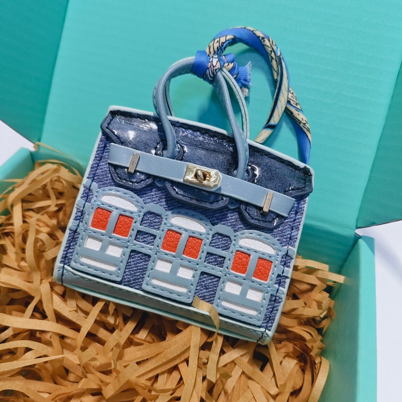 Denim Canvas Blue Mini House Bag Charm, Earphone Storage Pouch, Decorative Keychain Ornament, Desktop Collectible Display Decoration for Bags, Free Acrylic Box Included - Image 4