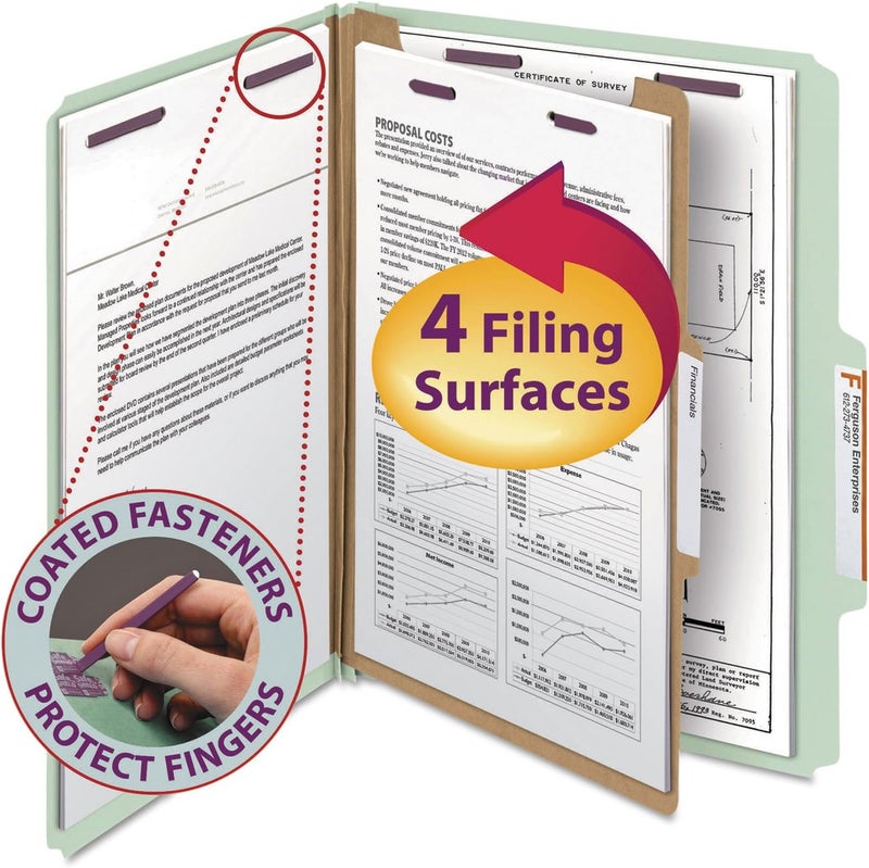 Smead Pressboard Classification File Folder with SafeSHIELD Fasteners, 1 Divider, 2" Expansion, Letter Size, Gray/Green, 10 per Box - Image 1