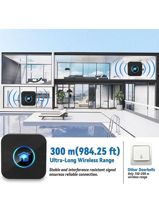 Wireless Doorbell Kit, with 2 Waterproof Push Buttons and 1 Receiver, 300m Range, 5 Volume Levels, Waterproof, Dustproof for Office and Home - Image 4