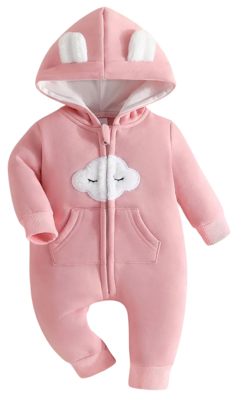 First Kick Baby and Kids cotton fleece romper jumpsuit onesie sleepsuit clouds embroidered (Peachish Pink, 6-9 Months, Length 59 cm x Chest 29 cm) - Image 1