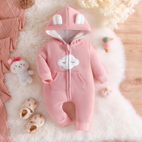 First Kick Baby and Kids cotton fleece romper jumpsuit onesie sleepsuit clouds embroidered (Peachish Pink, 6-9 Months, Length 59 cm x Chest 29 cm) - Image 2