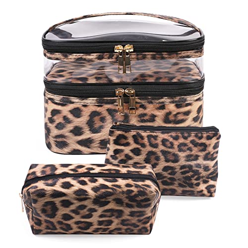 FITINI 3 Pieces Makeup Bags Double Layer Travel Large Leopard Cosmetic Cases Organizer Toiletry Bags Waterproof Small Zipper Pouch for Women Makeup Brush Storage Bag - Image 1