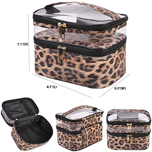 FITINI 3 Pieces Makeup Bags Double Layer Travel Large Leopard Cosmetic Cases Organizer Toiletry Bags Waterproof Small Zipper Pouch for Women Makeup Brush Storage Bag - Image 2