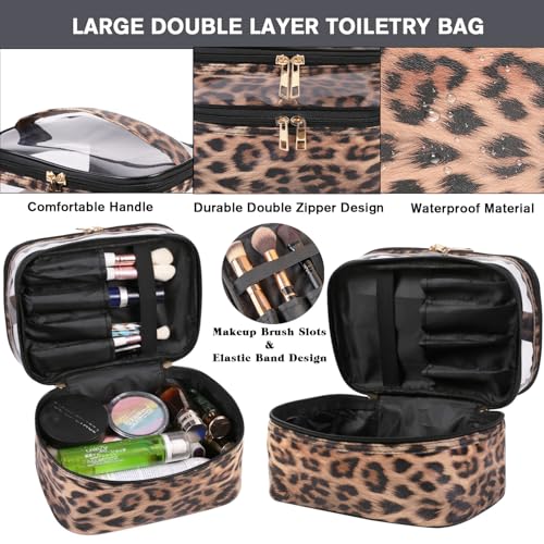 FITINI 3 Pieces Makeup Bags Double Layer Travel Large Leopard Cosmetic Cases Organizer Toiletry Bags Waterproof Small Zipper Pouch for Women Makeup Brush Storage Bag - Image 4