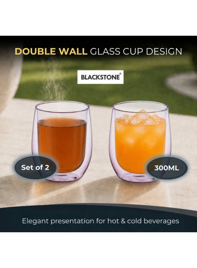 BLACKSTONE DG517 Double Wall Borosilicate Glass Tumbler Cups 300ml, Heat Resistant Insulated Coffee & Tea Cups, 2-Piece Set, Pink - Image 2