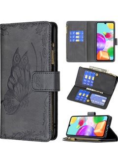 Generic Case for Samsung Galaxy A41 Flying Butterfly Embossing Pattern Zipper Horizontal Flip Leather Cover With Holder Card Slots and Wallet Black  - Image 1