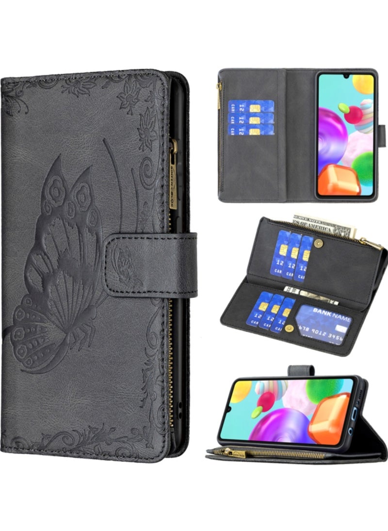Generic Case for Samsung Galaxy A41 Flying Butterfly Embossing Pattern Zipper Horizontal Flip Leather Cover With Holder Card Slots and Wallet Black  - Image 1