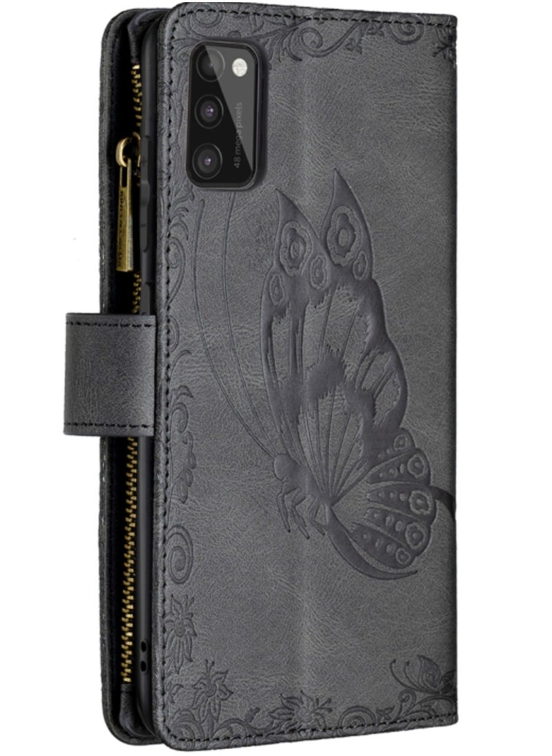 Generic Case for Samsung Galaxy A41 Flying Butterfly Embossing Pattern Zipper Horizontal Flip Leather Cover With Holder Card Slots and Wallet Black  - Image 3