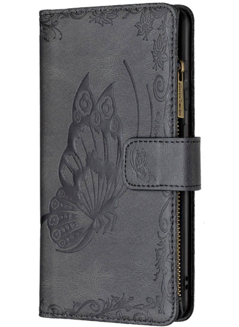 Generic Case for Samsung Galaxy A41 Flying Butterfly Embossing Pattern Zipper Horizontal Flip Leather Cover With Holder Card Slots and Wallet Black  - Image 2