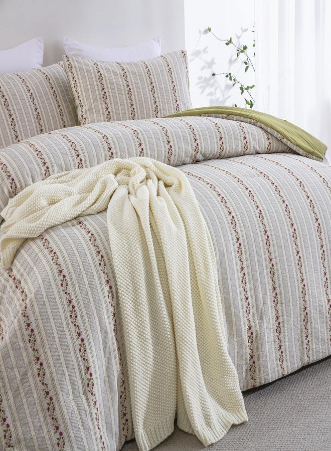 Purefair 100% Cotton Jacquard Comforter Set, Striped Floral Print, Soft Lightweight Reversible 3 Piece Bedding Sets for All Season, Queen(90"x90") - Image 5