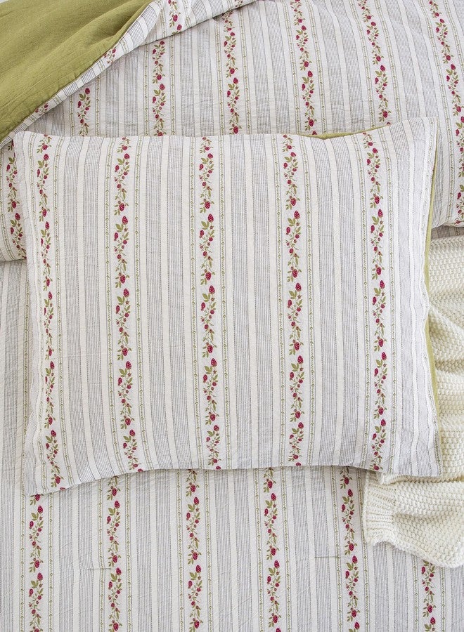 Purefair 100% Cotton Jacquard Comforter Set, Striped Floral Print, Soft Lightweight Reversible 3 Piece Bedding Sets for All Season, Queen(90"x90") - Image 3