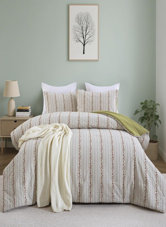 Purefair 100% Cotton Jacquard Comforter Set, Striped Floral Print, Soft Lightweight Reversible 3 Piece Bedding Sets for All Season, Queen(90"x90") - Image 4