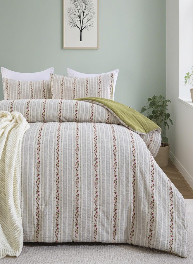 Purefair 100% Cotton Jacquard Comforter Set, Striped Floral Print, Soft Lightweight Reversible 3 Piece Bedding Sets for All Season, Queen(90"x90") - Image 1