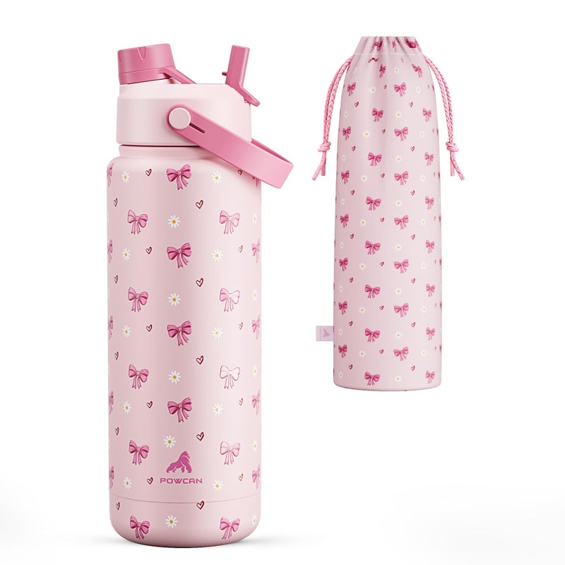POWCAN 32 oz Insulated Water Bottle with 2-in-1 Straw and Spout Lid, Keep Cold 24H, Leak-Proof, BPA-Free, Double Wall Stainless Steel Water Bottle for Sports, Gym, Travel, Gift, School (Bow Crush) - Image 1
