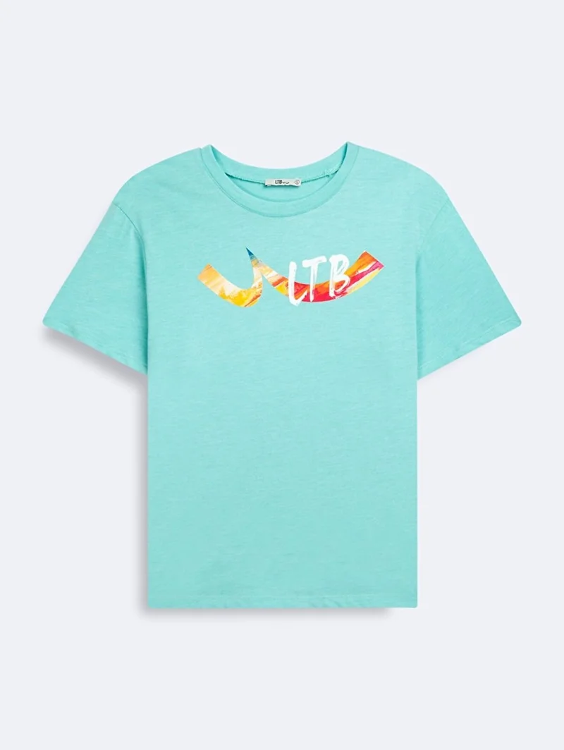 Short Sleeve Crew Neck Sign Printed Green T-Shirt
